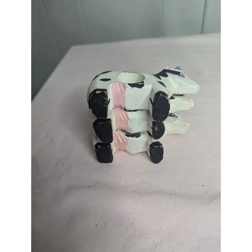 3 lot‎ wood painted cow black white napkin ring holders